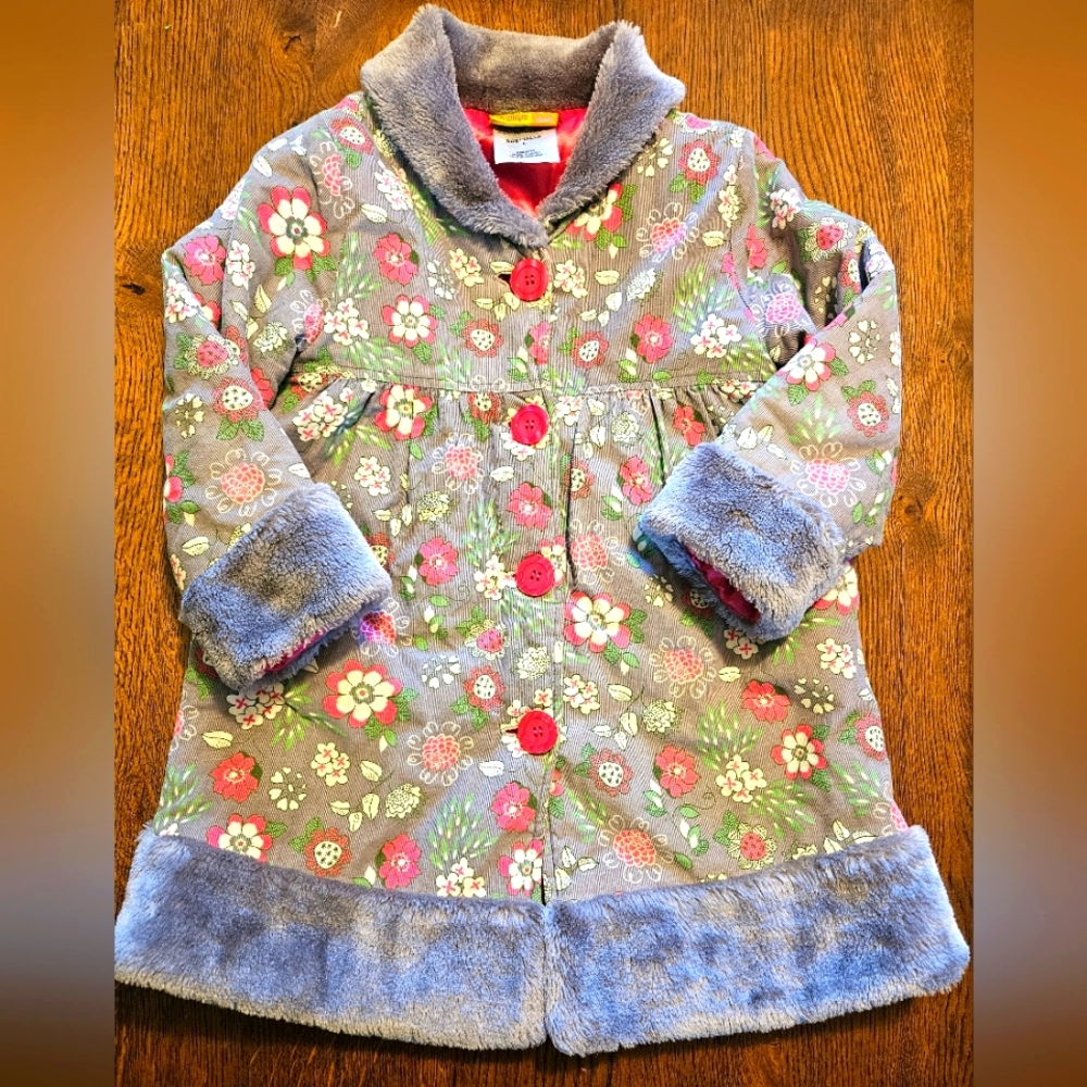 Penelope Mack, Pink Satin Lined, Grey with Flower Print Girls Size 6 Coat